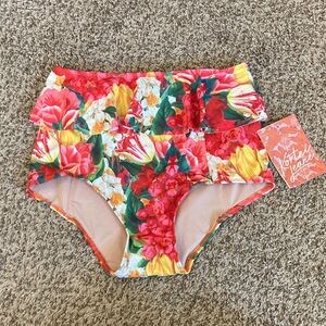 Kortni Jeane Peplum Red Floral Tulips High-Waisted Bikini Bottoms
